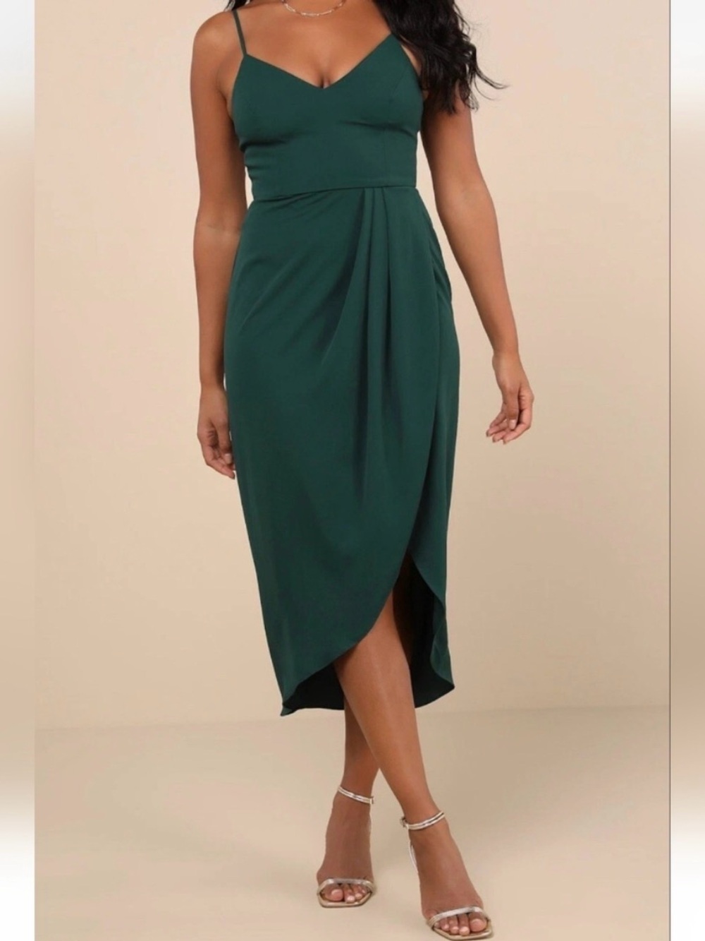 Lulus Reinette Feminine Midi Dress Size M Emerald Green Wedding Guest Cocktails